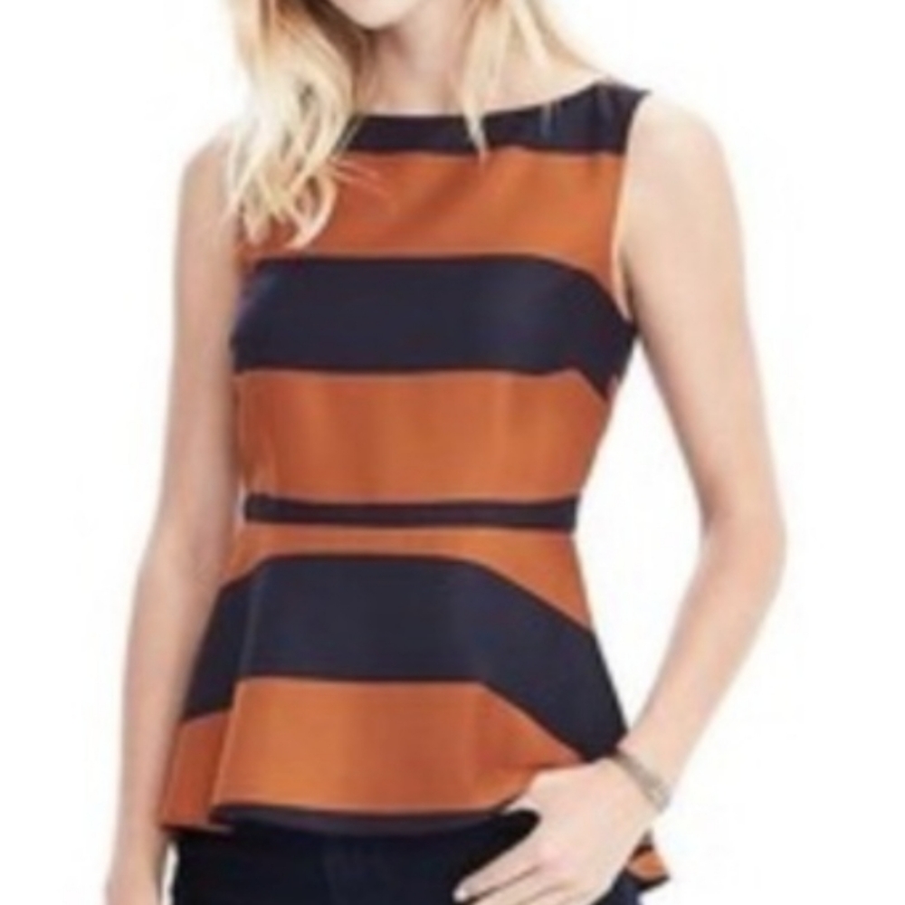 BANANA REPUBLIC Sleeveless Peplum Rugby Stripe Blouse Navy and Rust Orange